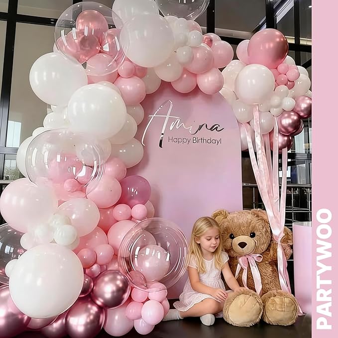 PartyWoo Pink and White Balloons 66pcs 12 Inch Light Pastel Baby Metallic Pearl Pink Matte White Confetti Balloons for Gender Reveal Wedding Bridal Girl Baby Shower Princess Birthday Party Decorations