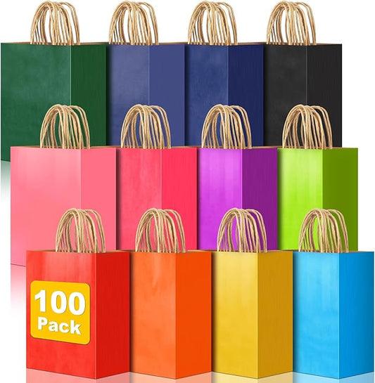 100 PCS Medium Gift Bags with Handles, 7.88"x4.73"x10.64" Party Favor Bags, 12 Colored Goodie Bags for Birthday Party, Kraft Paper Gift Bags Bulk for Wedding, Baby Shower, Celebrations, Party Supplies