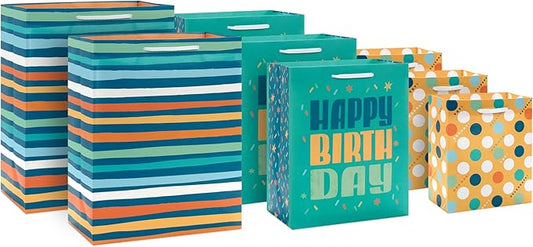 Hallmark Teal and Yellow Birthday Gift Bag Assortment (8 Bags: 3 Small 6", 3 Medium 9", 2 Large 13") Dots, Stripes, Happy Birthday