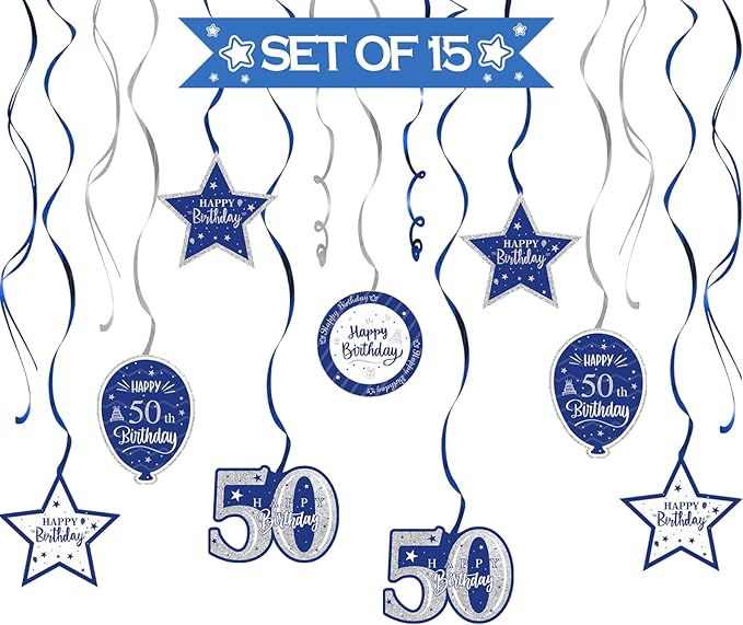 Happy 50th Birthday Blue & Silver Glitter Swirls Streamers Party Decorations - 15 Pcs 50th Birthday Hanging Swirls Streamers Kit,Cheers to Fifty Years Old Bday Party Sign.