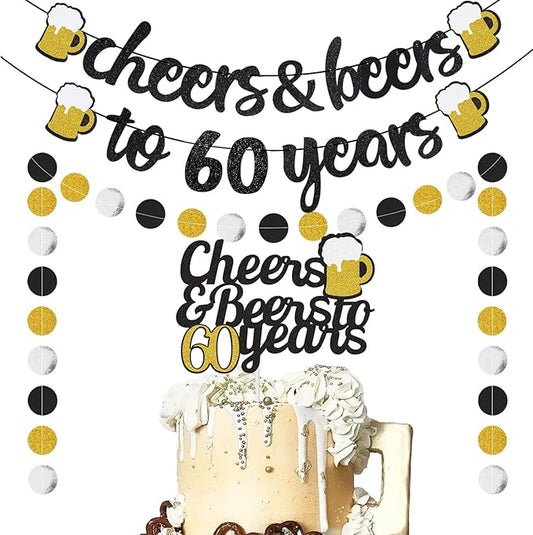 60th Birthday Decorations for Men - Cheers and Beers to 60 Years Banner and Cake Topper, Glittery Circle Dots Garland, 60th Birthday Party Supplies (Black Gold)