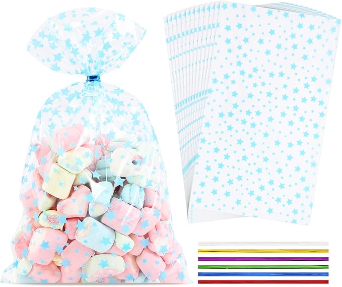 100Pcs Cellophane Treat Bags,5 X 11 Inches Blue Star Clear Cellophane Bags,for Gift Wrapping,Packaging Candies,Dessert,Bakery, Cookies, Chocolate,Party Party Decorations