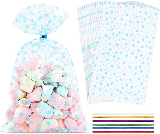 100Pcs Cellophane Treat Bags,5 X 11 Inches Blue Star Clear Cellophane Bags,for Gift Wrapping,Packaging Candies,Dessert,Bakery, Cookies, Chocolate,Party Party Decorations