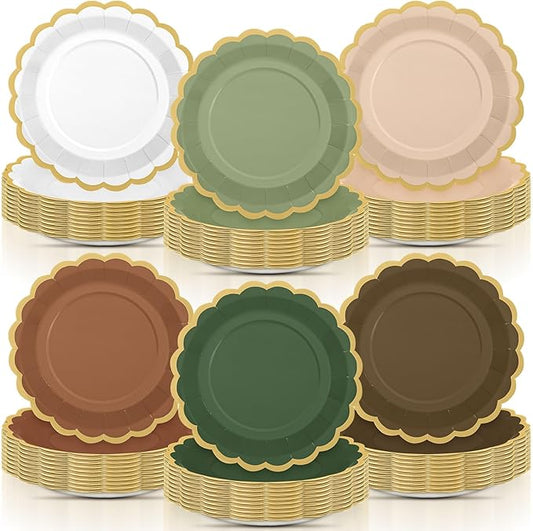 96 Pcs Woodland Green and Brown Paper Plates 9 Inch Gradient Scalloped Paper Disposable Dinner Dessert Plates for Birthday Wedding Bridal Party Supplies, 6 Colors