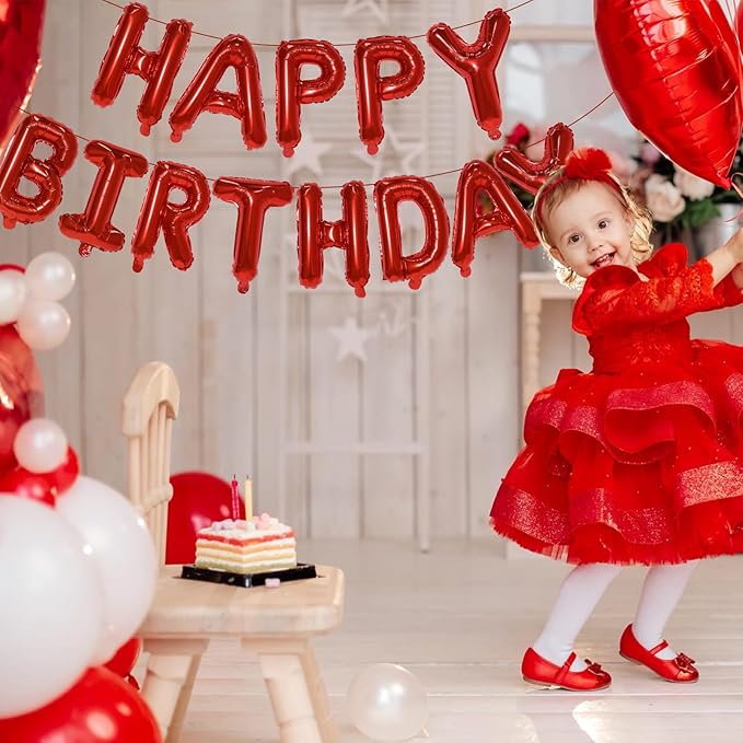 Red Happy Birthday Balloon Banner, 16 Inch Foil Mylar Happy Birthday Balloons Letters, Reusable Happy Birthday Sign, Red Birthday Decorations for Women, Boys and Girls