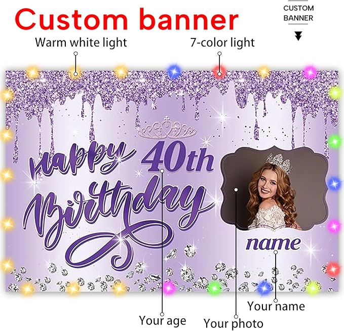 Dicodes Custom Happy Birthday Backdrop for Girls Women, Personalized Rose Gold Birthday Banner Glitter Diamond Photography Background (Purple)