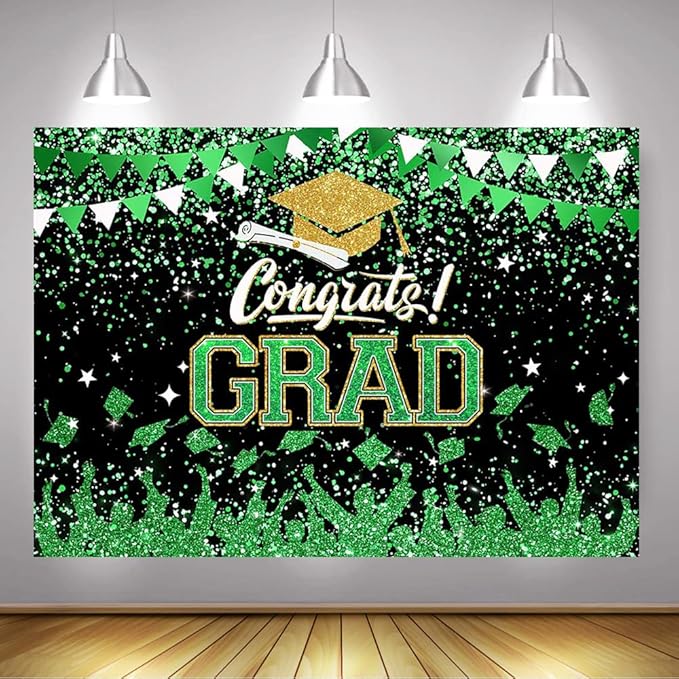 Mocsicka Graduation Party Decorations 2026 Congrats Grad Backdrops for Photography Bachelor Cap Congratulations Grad Photo Backdrop Graduation Prom Party Supplie (Green, 7x5ft (82x60 inch))