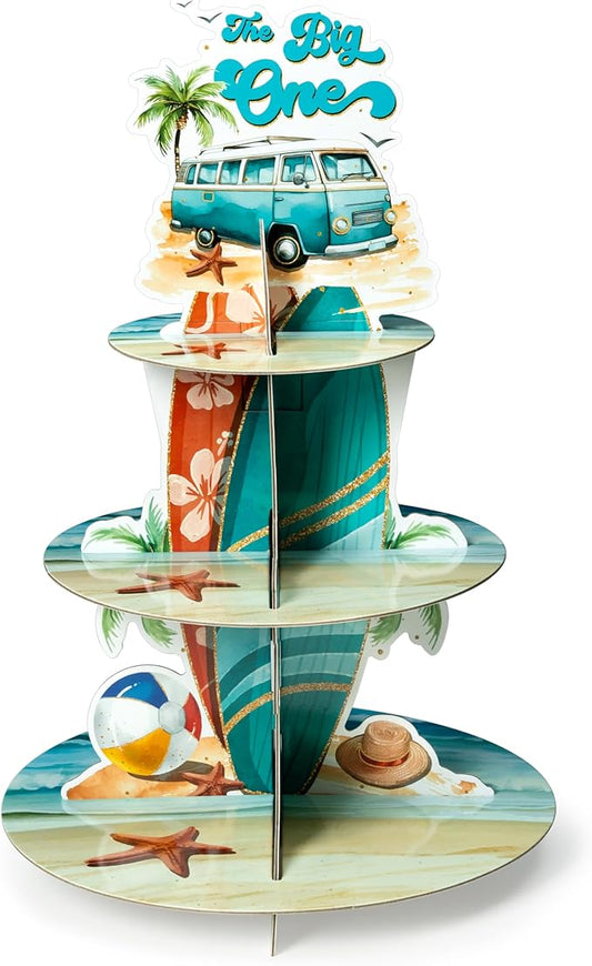 Haooryx Beach Surfboard Cupcake Stand - 3 Tier Seaside Surfboards Cupcake Tower Cardboard Dessert Holder Pastry Platter for Summer Beach Pool Party Birthday Baby Shower Party Table Decoration Supplies