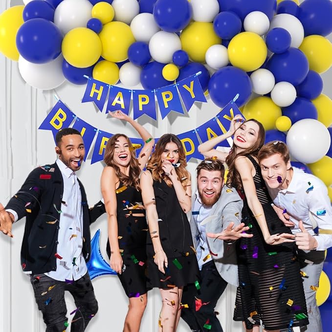 Navy Blue Yellow White Balloon Arch Garland Kit, 122PCS Dark Blue and Yellow Balloons White Balloons for Wedding Retirement Christmas 2025 Graduation Birthday Party Decors