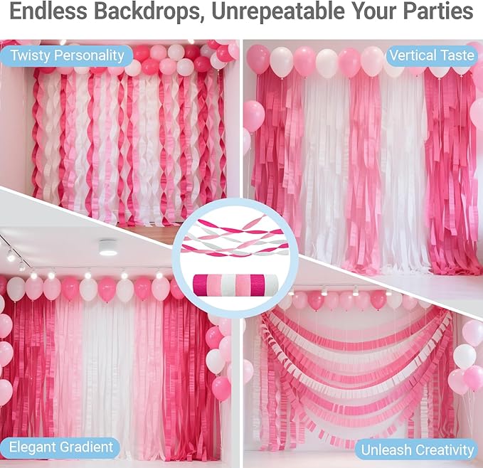 Princess Hot Pink Crepe Paper Streamers 492ft Shades of Pink Fringe Birthday Party Curtains for Backdrop, Door, Ceiling Birthday Party Decorations Various Pink Wedding Decor