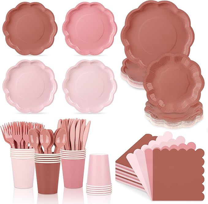 168 Pcs Dusty Pink Paper Plates and Napkins 24 Guests Gradient Scalloped Disposable Tableware Party Supplies Set for Mothers Day Wedding Birthday Garden Tea Party