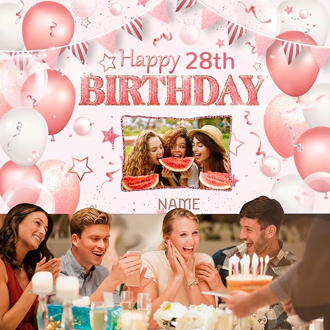 Custom Pink and Rose Gold Happy Birthday Party Decorations Supplies Birthday Party Backdrop for Women and Girls，Personalization Happy Birthday Banner Background