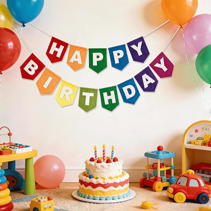 Happy Birthday Banner, Colorful Felt Birthday Garland Party Decorations, Reusable Hanging Banner Decor for Kids Women Birthday Party, Home Office Decoration
