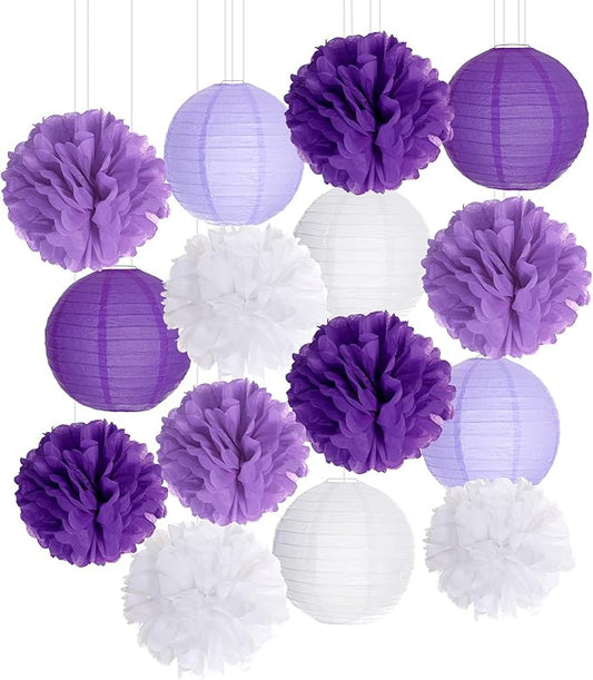 Paper Flower Lanterns Tissue Pom Poms Hanging Decorations Purple Flower Ball for Baby Shower Wedding Birthday Graduation Party Mother's Day