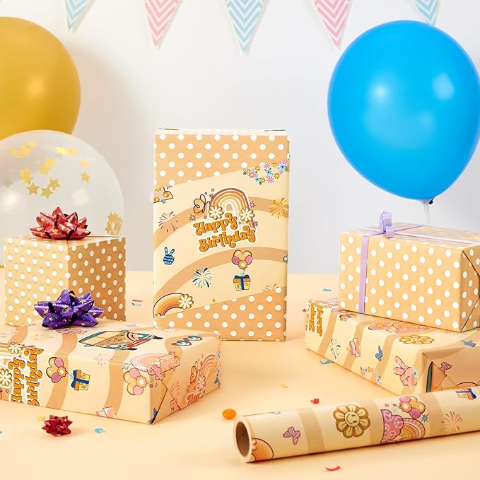 WERNNSAI Retro Hippie Wrapping Paper - 1 Roll 17” x 33 ft Boho Rainbow Daisy Wrapping Paper Groovy Brown Gift Packing Favor for Kids Birthday Vintage Theme Party Supplies Reversible Polka Dot Design