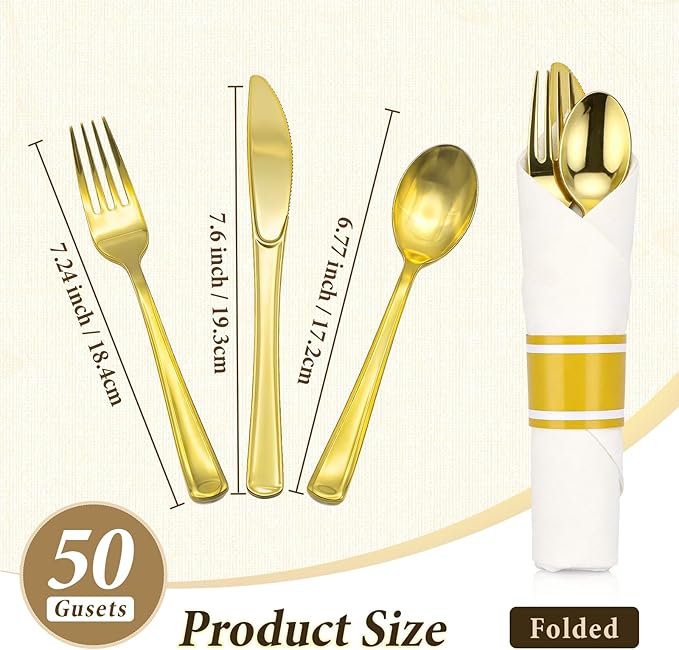 Gold Plastic Silverware 50 Guests,Pre Rolled Silverware Set Wrapped Plastic Cutlery Set Include 50 Forks,50 Knives,50 Spoons and 50 Napkins Heavy Duty Disposable Utensils for Party