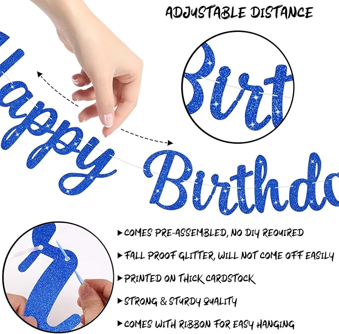 Glitter Happy Birthday Banner Sign, Reusable Birthday Garland Party Supplies, Cake Day Backdrop Banners Wall Decorations for Women, Girls, Boys (Blue)
