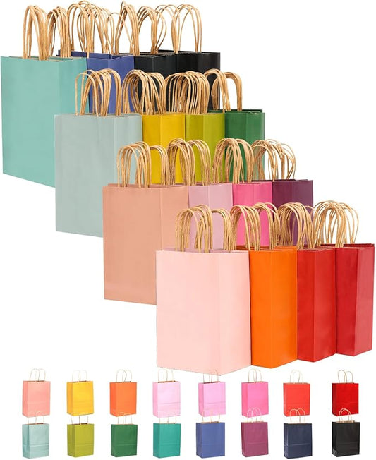 qiqee 60-Packs Paper Bags with Handles Bulk 8.26"×6"×3.15" Small Gift Bags 16 Different Senior Color Bags Multiple Uses（Small Size）