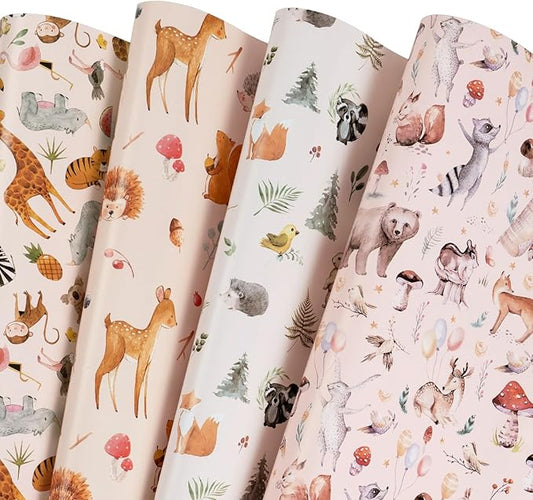 WRAPAHOLIC Baby Shower Wrapping Paper Sheet - 12 Sheets Folded Flat - Watercolor Animal 4 Design for Kids Birthday, Baby Shower - 19.7 Inch X 27.6 Inch Per Sheet