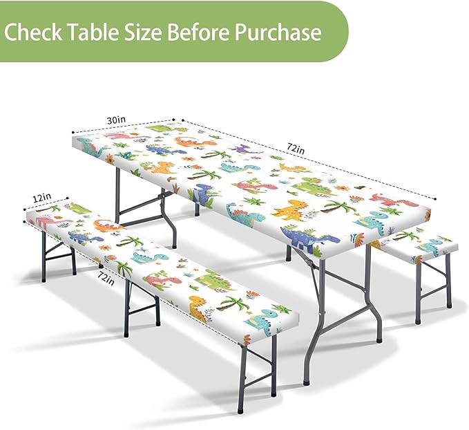 Funny Dinosaur Picnic Table Cover with Bench Covers and Bag, Camping Essentials, Animal Waterproof Windproof Fabric, Fitted Tablecloth Cover with Elastic Edge, for Indoor & Outdoor, 3 PCS, 30x72 Inch