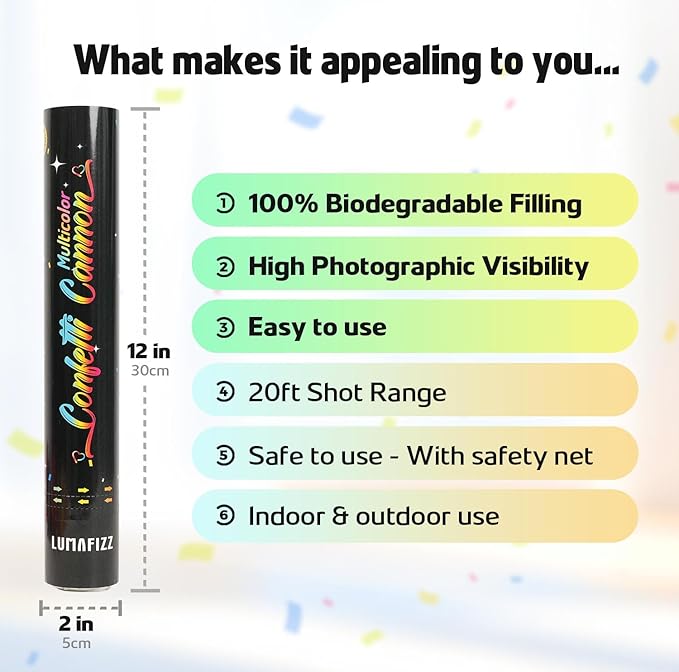 12 Inch Confetti Biodegradable [6 Pack] Confetti Cannons | Multicolor Confetti Poppers for Wedding,Birthday PartyChristmas Eve and New Year Give a Gift