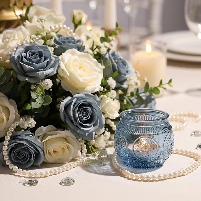 24 Pcs Blue Votive Candle Holders for Bridal Shower Decorations- Floral Style Dusty Blue Candle Holder for Wedding Table Centerpieces, Baby Shower Decor