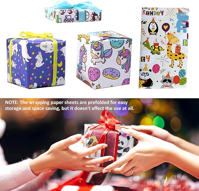 SIWRIOM Gift Wrapping Paper 10 Pack - Large 28 x 20 Inch Gift Wrap Sheets Happy Birthday Cartoon Pattern Designs for All Festive Present Decorations