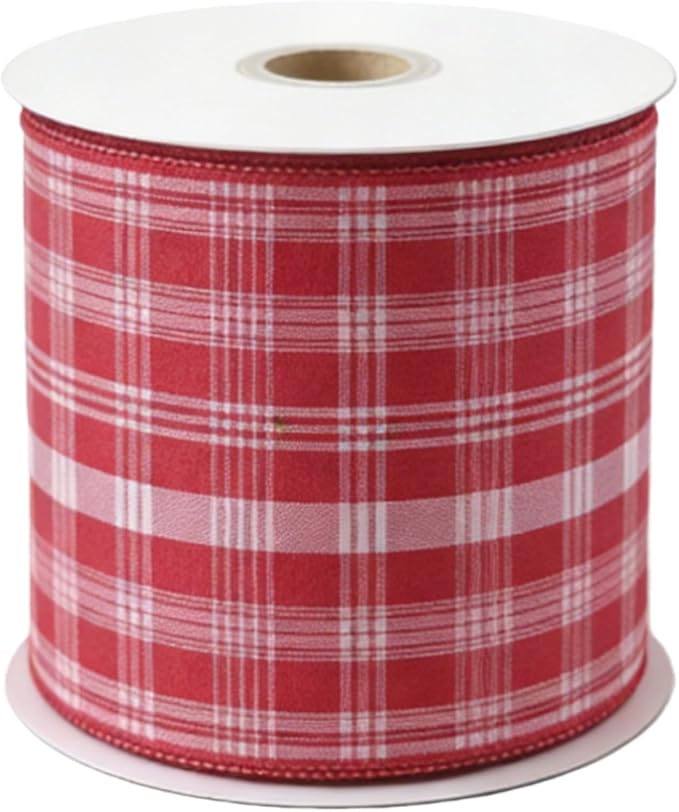 Meseey 4 Inch Red White Plaid Wired Ribbon 10 Yards, Christmas Buffalo Plaid Ribbon for Wreaths, Gift Wrapping, Christmas Tree, Crafts, Bows, Holiday Decor