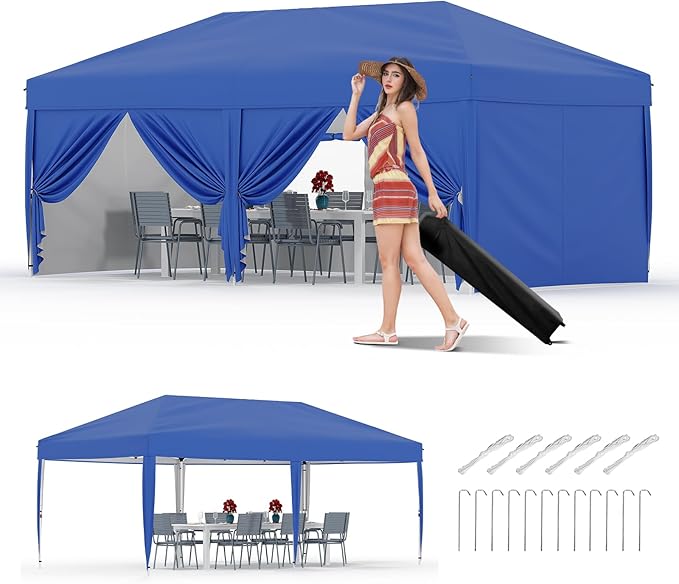 10x20FT Instant Pop Up Canopy Tent with 6 Side Walls, Heavy Duty Canopy Set, Waterproof and UV Protected Tailgate Tent for Outdoor Events (Blue)