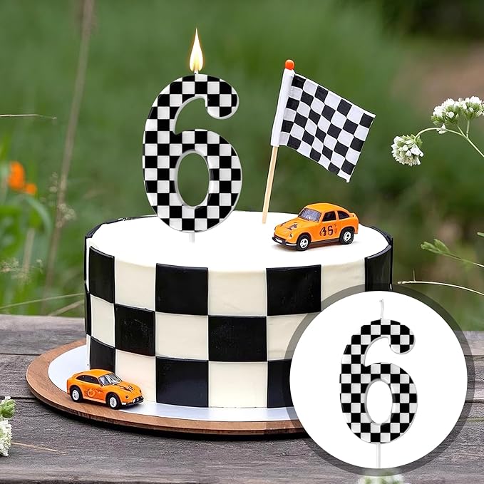 Racing Cars Themed Birthday Candle, Checkered Flag Number Candles Black and White Candles Happy Birthday Cake Topper Party Decorations for Boys Racing Cars Themed Party Supplies (Number 6)