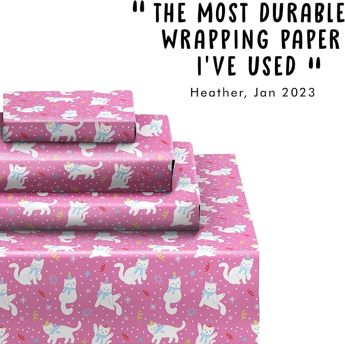 Cat Wrapping Paper - Funny Cat Themed Gifts - 6 Giftwrap Sheets - Pink Gift Wrap For Christmas Birthday Baptism Baby Shower - For Girls Boys Men Women Son Daughter - Includes Tags - Recyclable