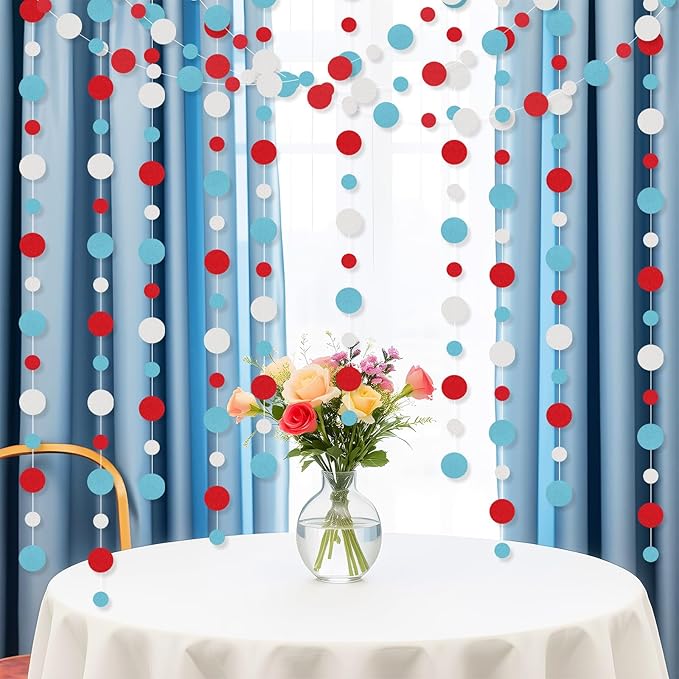 Outus 5 Pieces Colorful Circle Garland Banner Hanging Paper Dot Decorations for Classroom, Birthday Party, Baby Shower, Wedding Backdrop & Photo Booth Graduation Decor (Light Blue,White,Red)