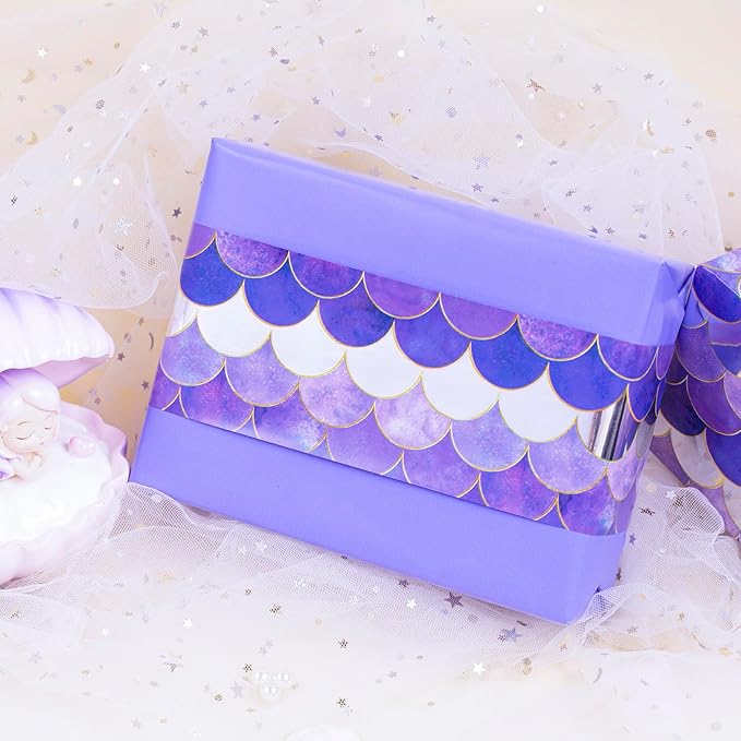MAYPLUSS Purple Birthday Wrapping Paper Roll, Mermaid Wrapping Paper, Reversible Glitter Mermaid Scale Purple Gift Wrap with Metallic Foil for Girl Birthday Christmas Baby Shower (17 Inch X 33 Feet)