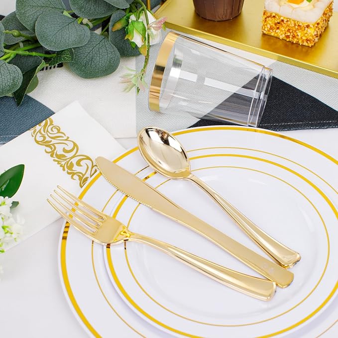 350 Pieces White and Gold Plastic Plates - 50 Guest Dinnerware Set Include 100 Plates, 50 Gold Plastic Silverware, 50 Paper Napkins and 50 Cups for Wedding/Baby Shower/Spring/Birthday/Mother's Day