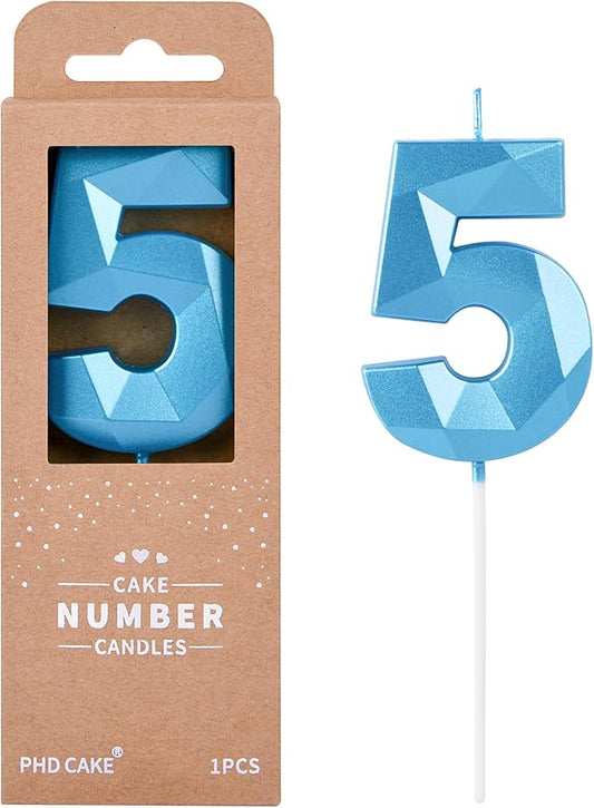 PHD CAKE 2.76 Inch Crystal Blue 5 Number Birthday Candles, Blue Cake Candles for Party Celebration
