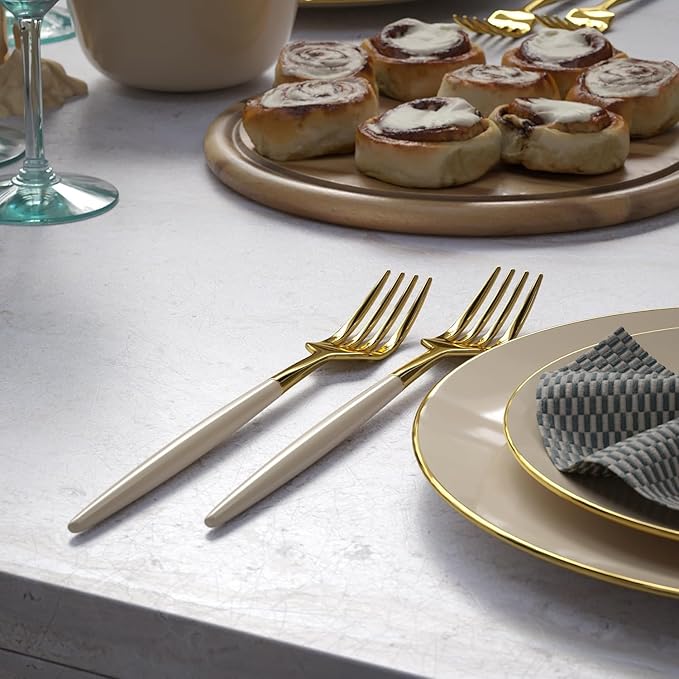 Trendables 120 Pack Disposable Silverware Set - Ivory & Gold Plastic Cutlery Dinnerware - Includes 40 Forks, 40 Spoons, 40 Knives - Party Set