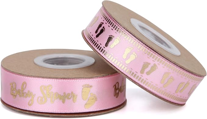 Meseey 20 Yards Baby Ribbon Foot Print Pink and Gold Ribbons for Crafts Cake Baby Shower Birthday,Gift Wrapping, Party Decoration (2 roll Pink)