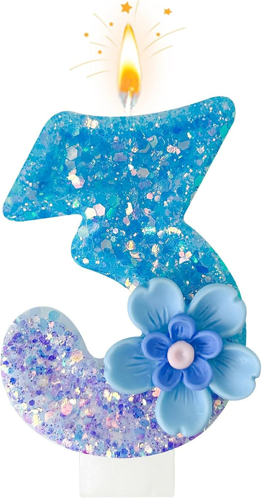 Blue Purple Flower Birthday Number Candles, Flower Theme Party Decorations, Cupcake Decorations, Suitable for Party Celebrations, Boys and Girls Birthday Decorations（3）