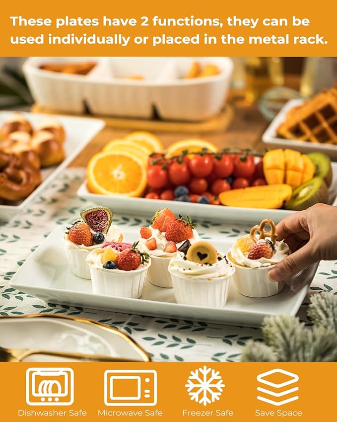 LAUCHUH 3 Tier Serving Tray, Porcelain Serving Platter Tier Serving Stand with Collapsible Sturdier Rack, Serving Trays and Platters Dessert Party Display Set for Father's Day, Gold, 12 Inch