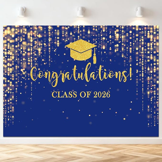 Mocsicka Class of 2026 Backdrop Blue Gold Glitter Bokeh Graduation Party Background 2026 Congrats Grad Prom Party Cake Table Decoration Photo Booth Props (10x7ft)