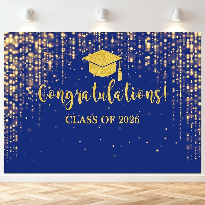 Mocsicka Class of 2026 Backdrop Blue Gold Glitter Bokeh Graduation Party Background 2026 Congrats Grad Prom Party Cake Table Decoration Photo Booth Props (8x6ft)