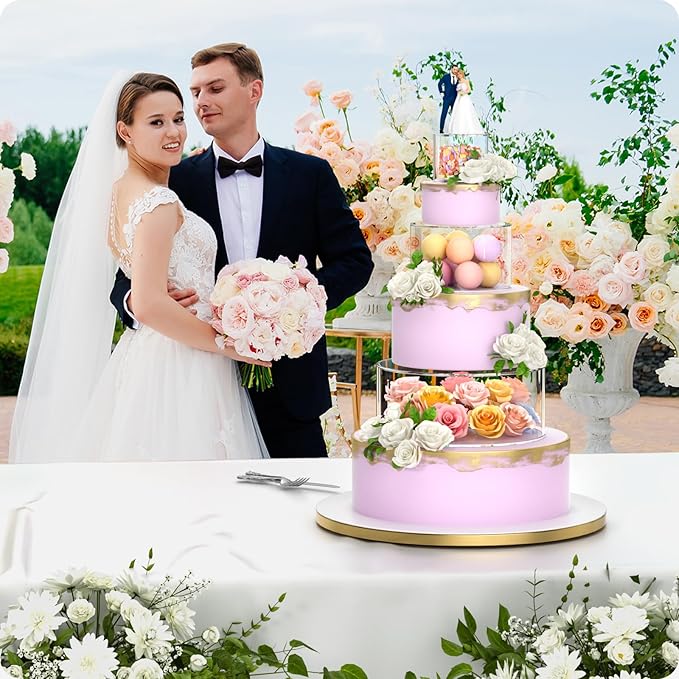 NPPLUS 3PCS Clear Acrylic Cake Stand, Fillable Cake Box Riser Cake Tier, Round Cake Display Box with Lid, Decorative Centerpiece Box for Wedding Birthday Party (14" Dx4 H,10" Dx4 H,6" Dx4 H)