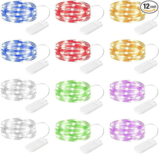 Brightown 12 Pack Multi Color Led Fairy Lights Battery Operated String Lights Waterproof Silver Wire 7 Feet 20 Led Firefly Starry Moon Lights for DIY Wedding Party Bedroom Patio Christmas