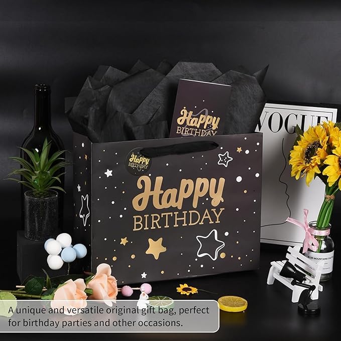 16" Black Happy Birthday Gift Bag with Tissue Paper and Greeting Card for Party,Happy Birthday Gift Bag for Men Women,Gift Bags Extra Large(2 PCS Black Hot Stamping)