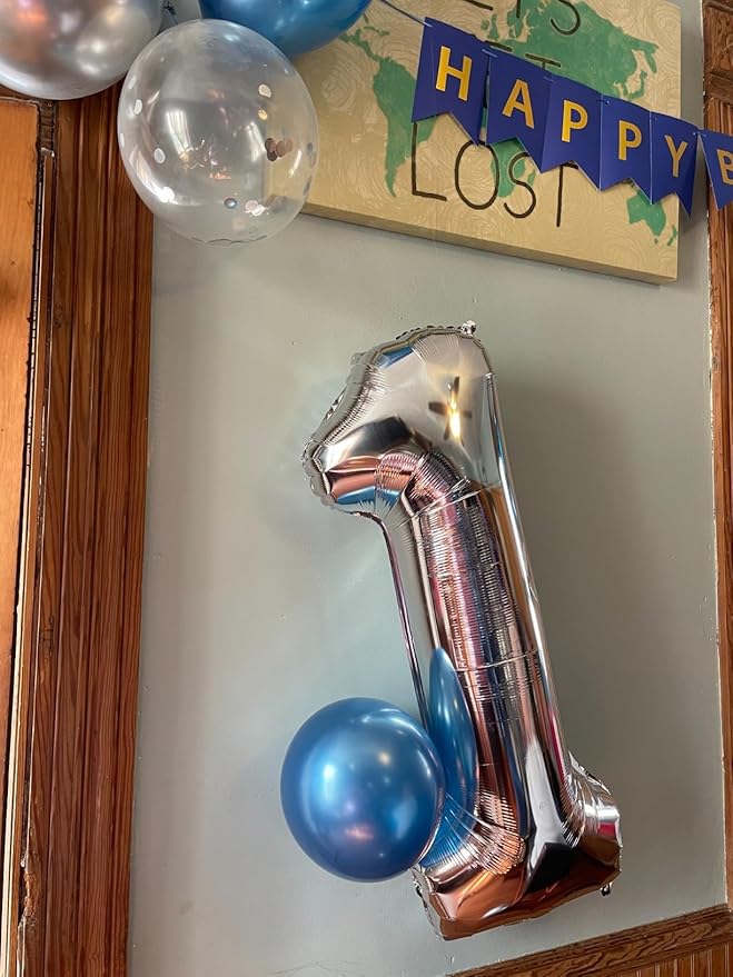 Number Balloons 1, 40 Inch One Balloons for 1st Birthday Girl Boy 1 11 21 Party Decorations Baby Shower Photo Shoot, Silver 1 Balloon