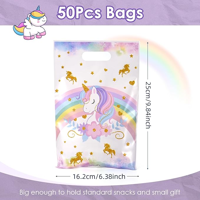 50 Pcs Unicorn Party Favor Bags with Handles - Plastic Treat Bags for Candy & Small Gifts, Bulk Supplies for Wedding Baby Shower Goodie Bags, Holiday Gift Bags for Thanksgiving Halloween Christmas New Years, Birthday Party Decorations