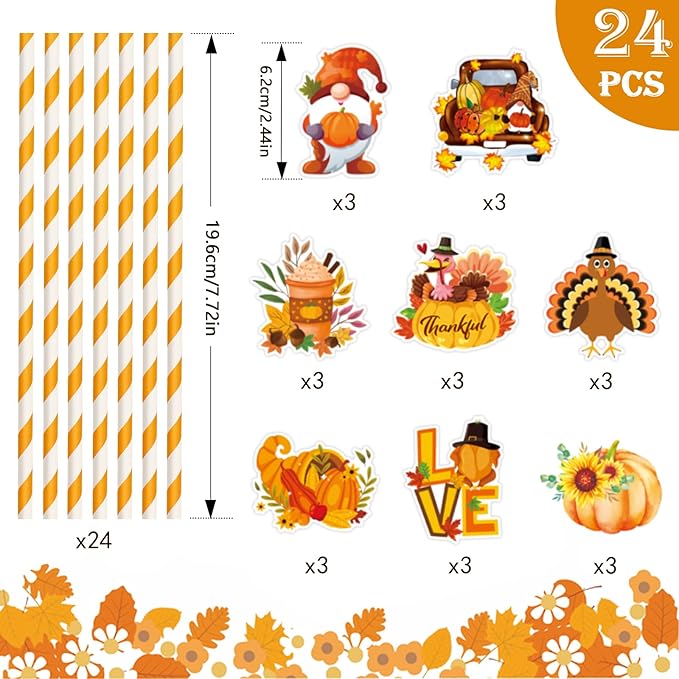 Konsait Thanksgiving Paper Straws, 24 PCS White Orange Striped Straws for Fall Harvest Party Decorations