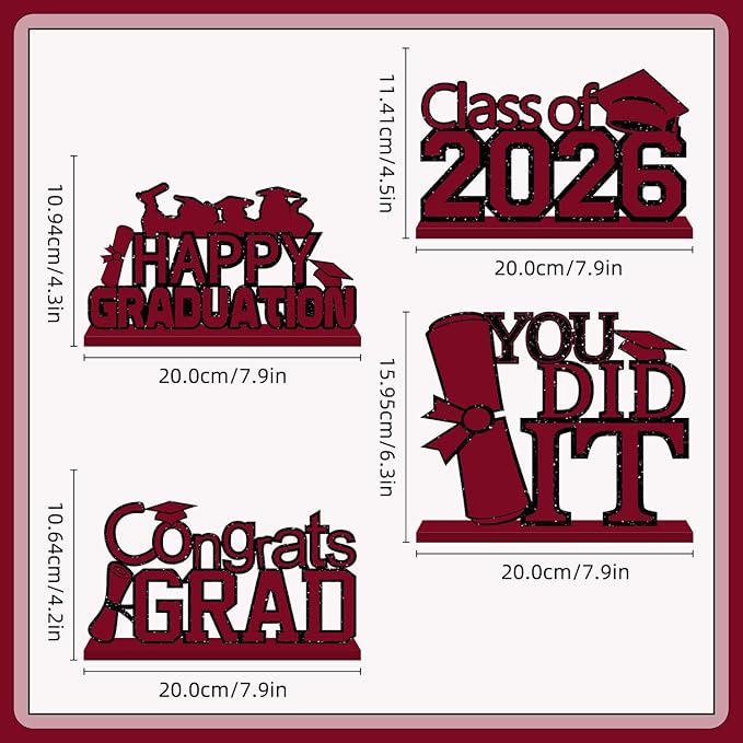 4Pcs Maroon and Black Graduation Decorations Class of 2026 Congrats Grad Wooden Table Centerpieces Grad Table Toppers Congratulate Tiered Tray Decor for 2026 Graduation Decorations