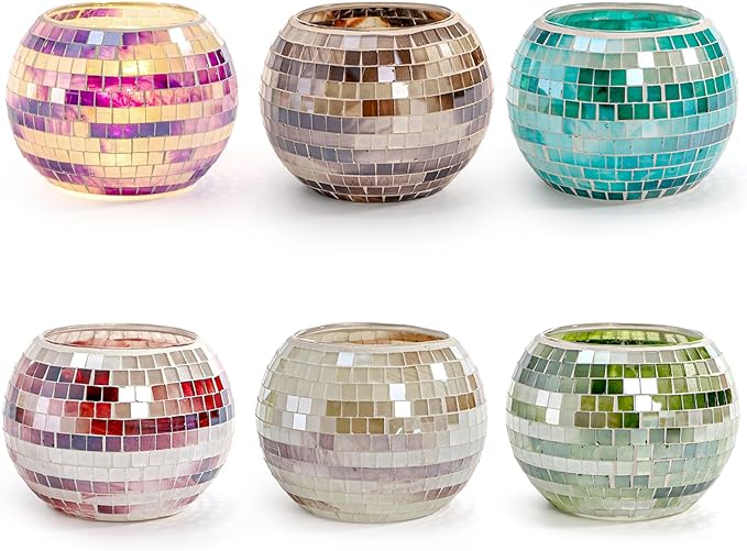 SOUJOY 6 Pack Votive Candle Holder, Handmade Mosaic Glass Tealight Holders, Diwali Decorative Scented Candle Bowl for Valentine, Party, Christmas Table Centerpiece Decor