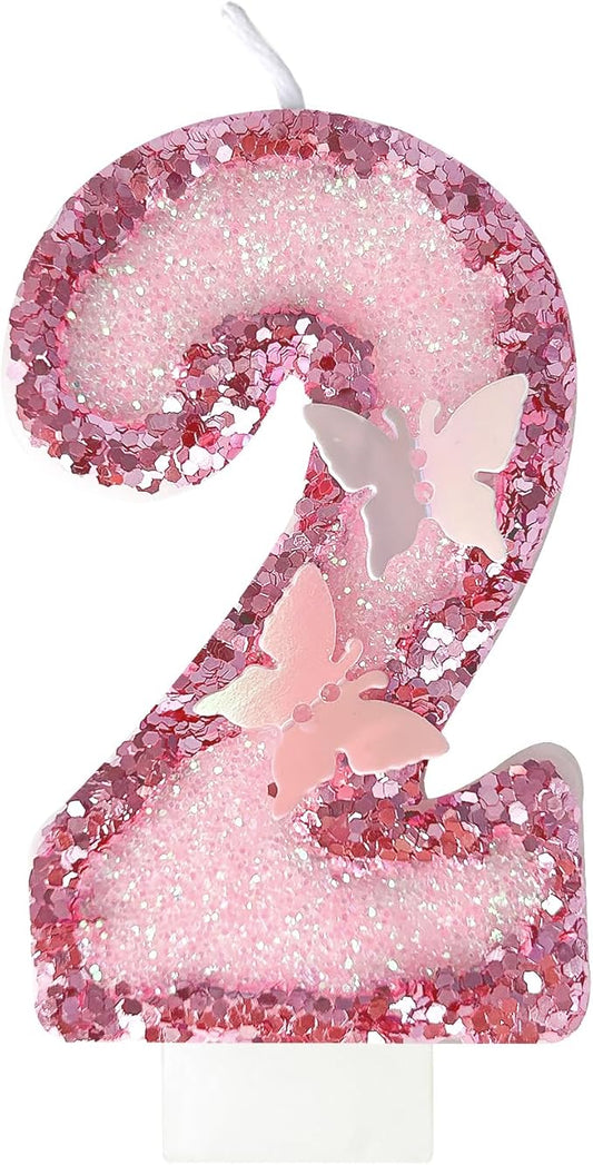 2nd Birthday Candles，Glitter Butterfly Cake Toppers Pink Sequins Wedding Numeral Cupcake Decorations，Suitable for Girl and boy Wedding Cakes, Party Celebrations, Birthday Decorations